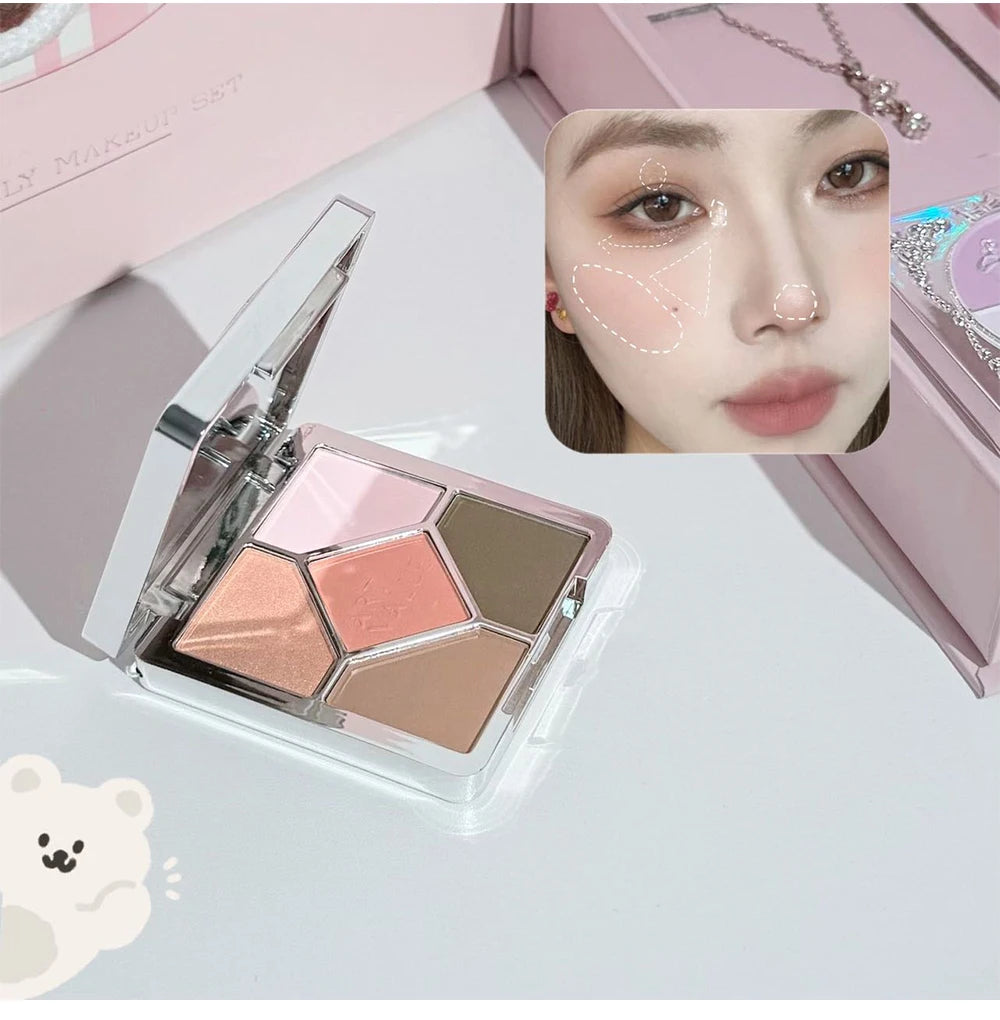 Kit de Maquiagem Completo 7 Peças Art Value – Batons Matte, Pó Compacto, Blush, Paleta de Sombras e Colar