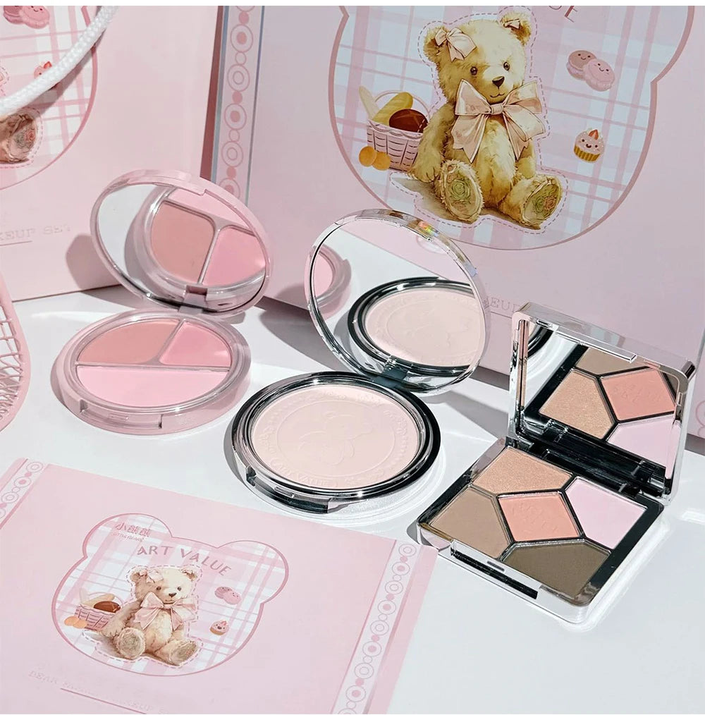 Kit de Maquiagem Completo 7 Peças Art Value – Batons Matte, Pó Compacto, Blush, Paleta de Sombras e Colar
