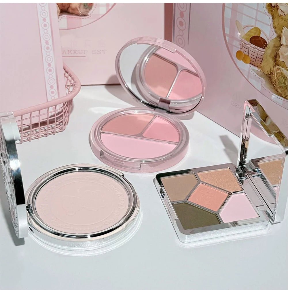 Kit de Maquiagem Completo 7 Peças Art Value – Batons Matte, Pó Compacto, Blush, Paleta de Sombras e Colar