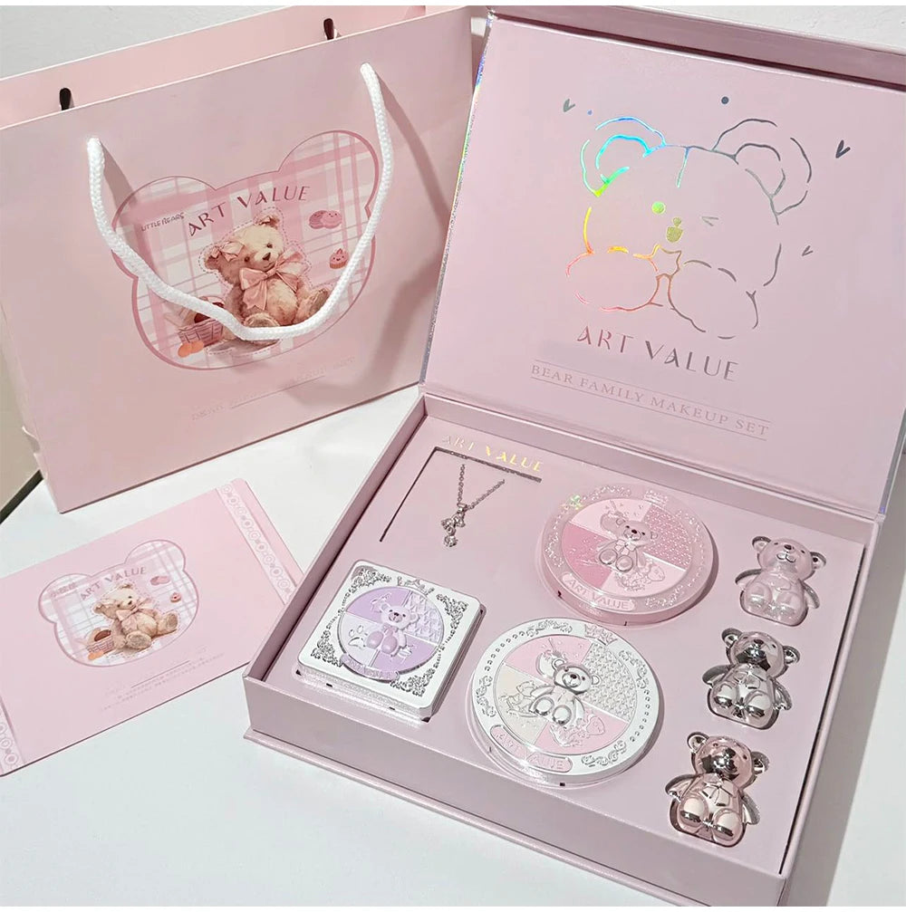 Kit de Maquiagem Completo 7 Peças Art Value – Batons Matte, Pó Compacto, Blush, Paleta de Sombras e Colar