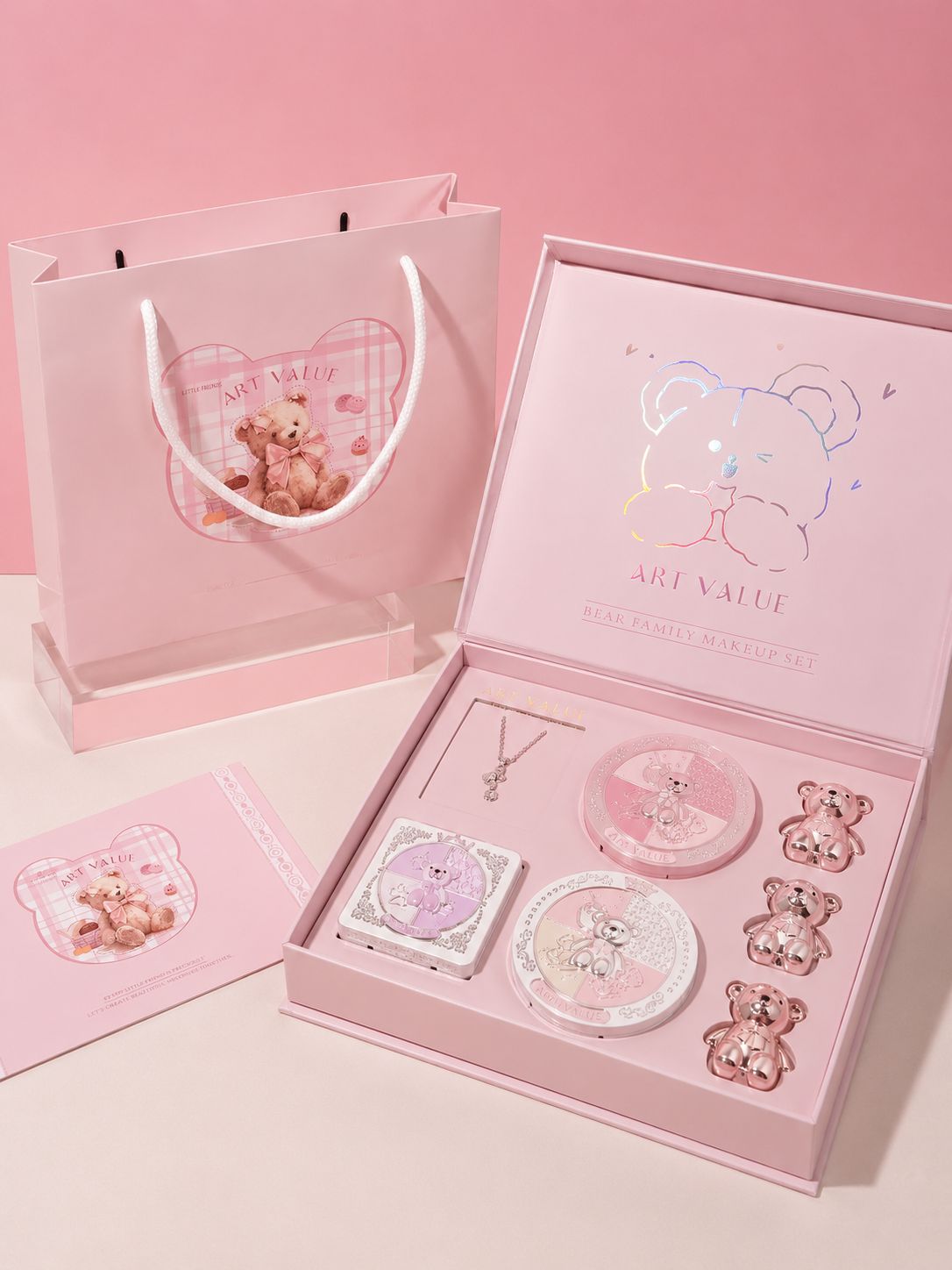Kit de Maquiagem Completo 7 Peças Art Value – Batons Matte, Pó Compacto, Blush, Paleta de Sombras e Colar